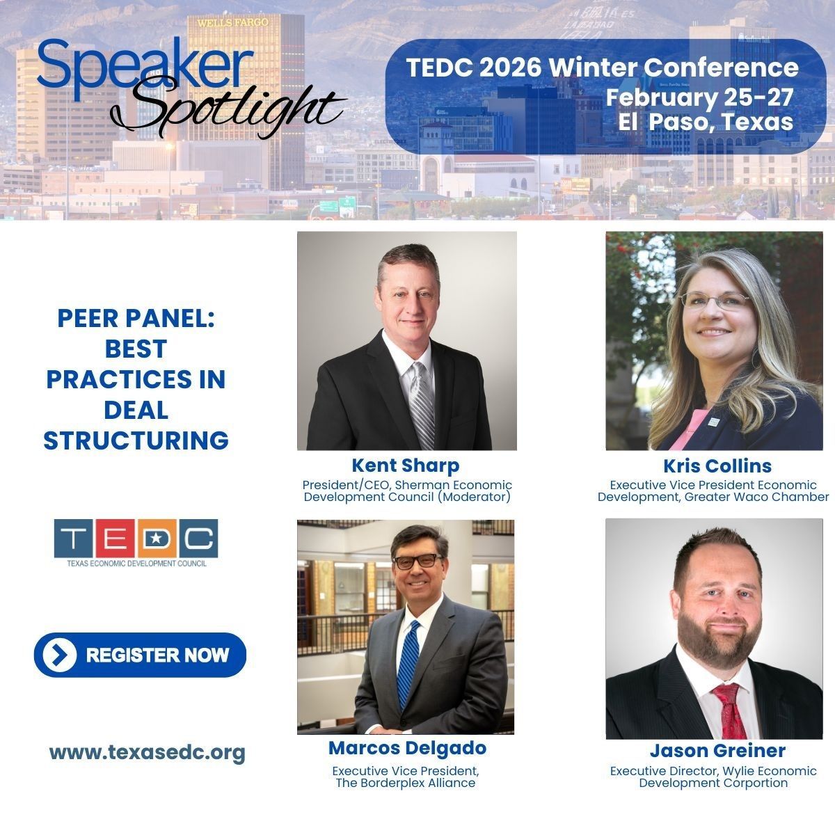 ShermanEDC's tweet image. Proud to share SEDCO President &amp;amp; CEO Kent Sharp will moderate the Best Practices in Deal Structuring peer panel at the 2026 TEDC Winter Conference in El Paso.

Great to see Sherman leadership represented statewide.

#TeamSherman #econdev #TEDC