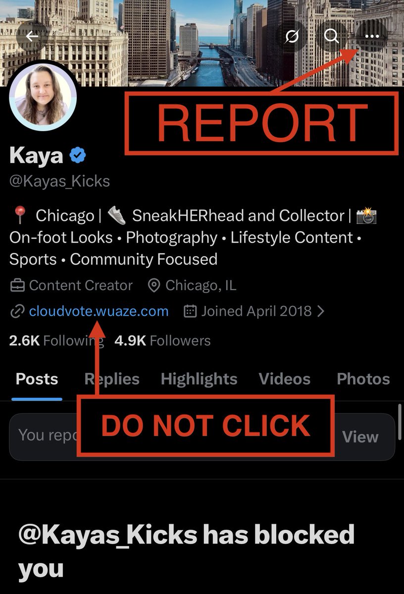 Kaya’s hacked account (<a href="/Kayas_Kicks/">Kaya</a>) is now asking ppl to “help her out” or “vote for her”  by clicking a link in a DM or a link in her BIO…

DON’T DO IT. DON’T EVEN OPEN THE MESSAGE.

REPORT THE ACCOUNT FOR SPAM. 

Please. Let’s help our friend get her account back/removed.