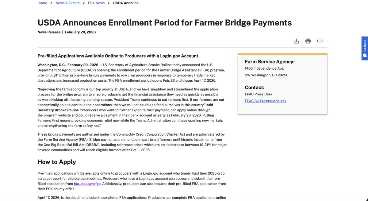 FBA enrollment announced.  USDA is offering $11B in Farmer Bridge Assistance payments to help producers manage trade disruptions and rising costs. 🗓️ Apply Feb 23 – Apr 17 💻 Pre-filled apps available with Login.gov Questions? We are here to help!