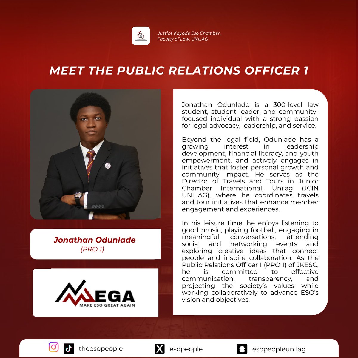 THE VOICE OF THE CHAMBER
Visibility is his strategy.
As Public Relations Officer I, he turns vision into message and connects leadership to members.
Driven by advocacy and impact, he ensures standard communication 
Meet Jonathan Odunlade, Public Relations Officer I.
THE MEGA TEAM
