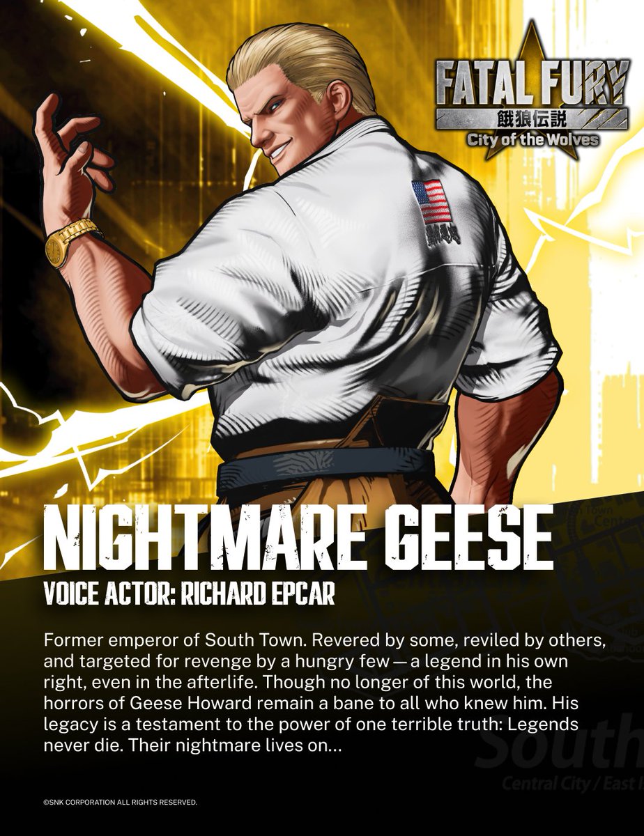 FATALFURY_PR's tweet photo. We’ve received a comment from the development (art) team about Nightmare Geese✏️
✦･━･✦･━･✦･━･✦
At launch appearing as a secret boss character, Nightmare Geese is now joining the roster as a playable fighter!
For his design in CotW, we based the look on his original appearance from the very first Fatal Fury, aiming to bring back that nostalgic feel for longtime fans. His gold necklace and gold wristwatch are especially eye-catching details. We also created his effects by blending in various elements inspired by his original appearance.
 
And for those who love small details—be sure to take a close look at the time on his wristwatch as well!

#FatalFury #CotW_NightmareGeese