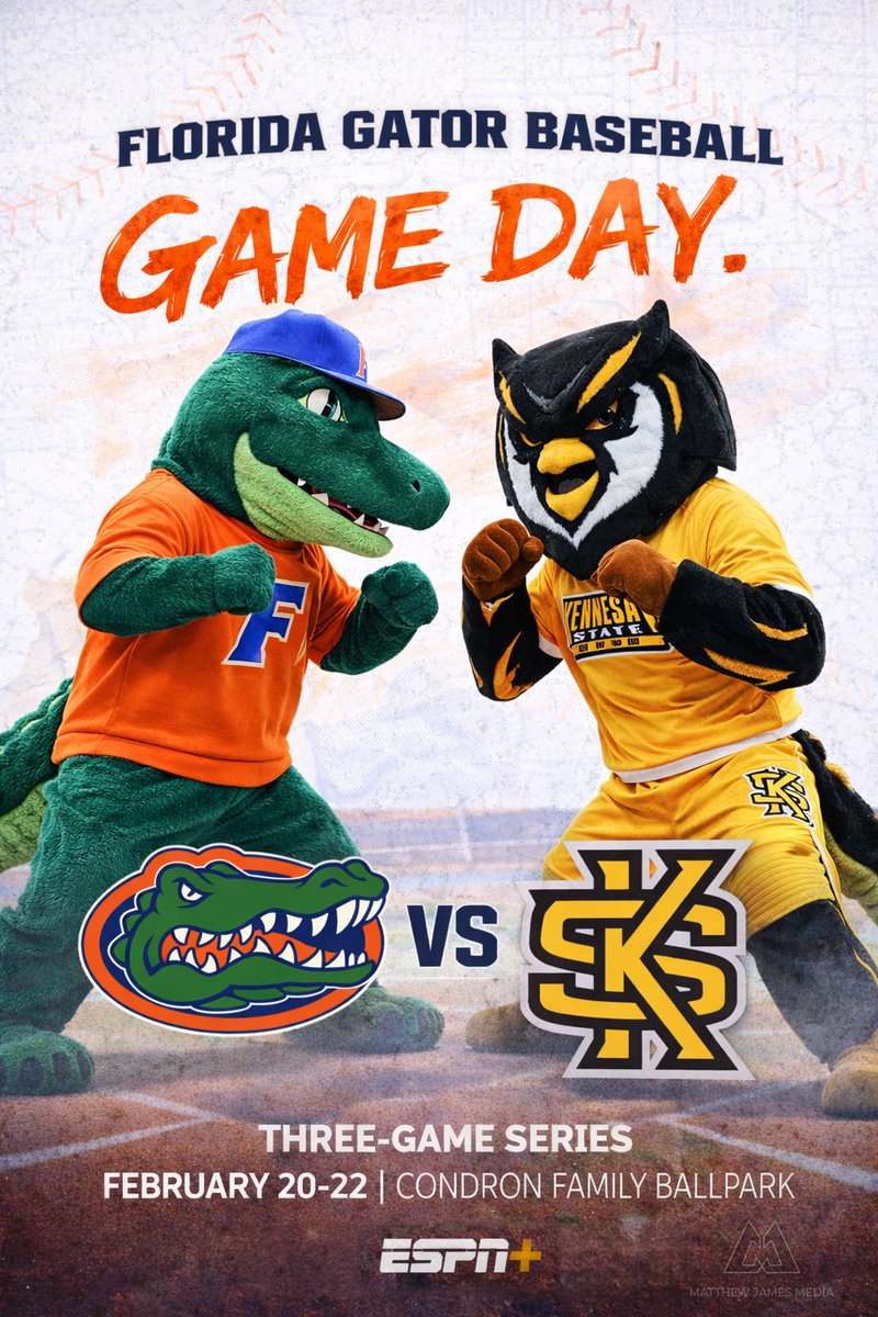No. 12 Florida vs Kennesaw State. First time ever.

Condron. Under the lights. Let’s handle business.

🗓 Feb 20–22 📍 Gainesville, FL 📺 SEC Network+ via ESPN app