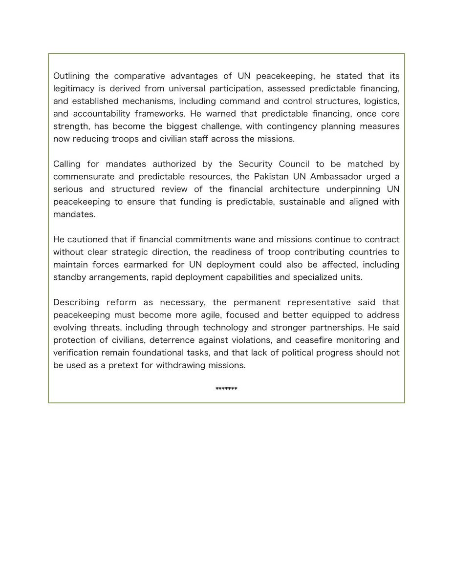 #PakistanAtUN

Pakistan Warns UN Liquidity Crisis Is Undermining Peacekeeping 

Our Press Release today