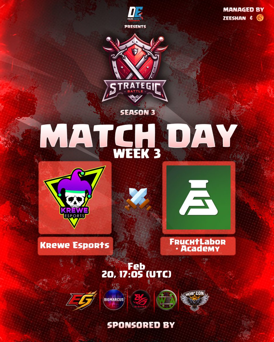 Entering Week 3 of Strategic Battle wish the Krewe good luck in battle 🔥
⸻ ⋆★⋆ ⸻ 
🏆  Strategic Battle (W3)
⚔️  Krewe Esports vs FruchtLabor Academy
📅  20-Feb, 12pm EST/17:00 UTC