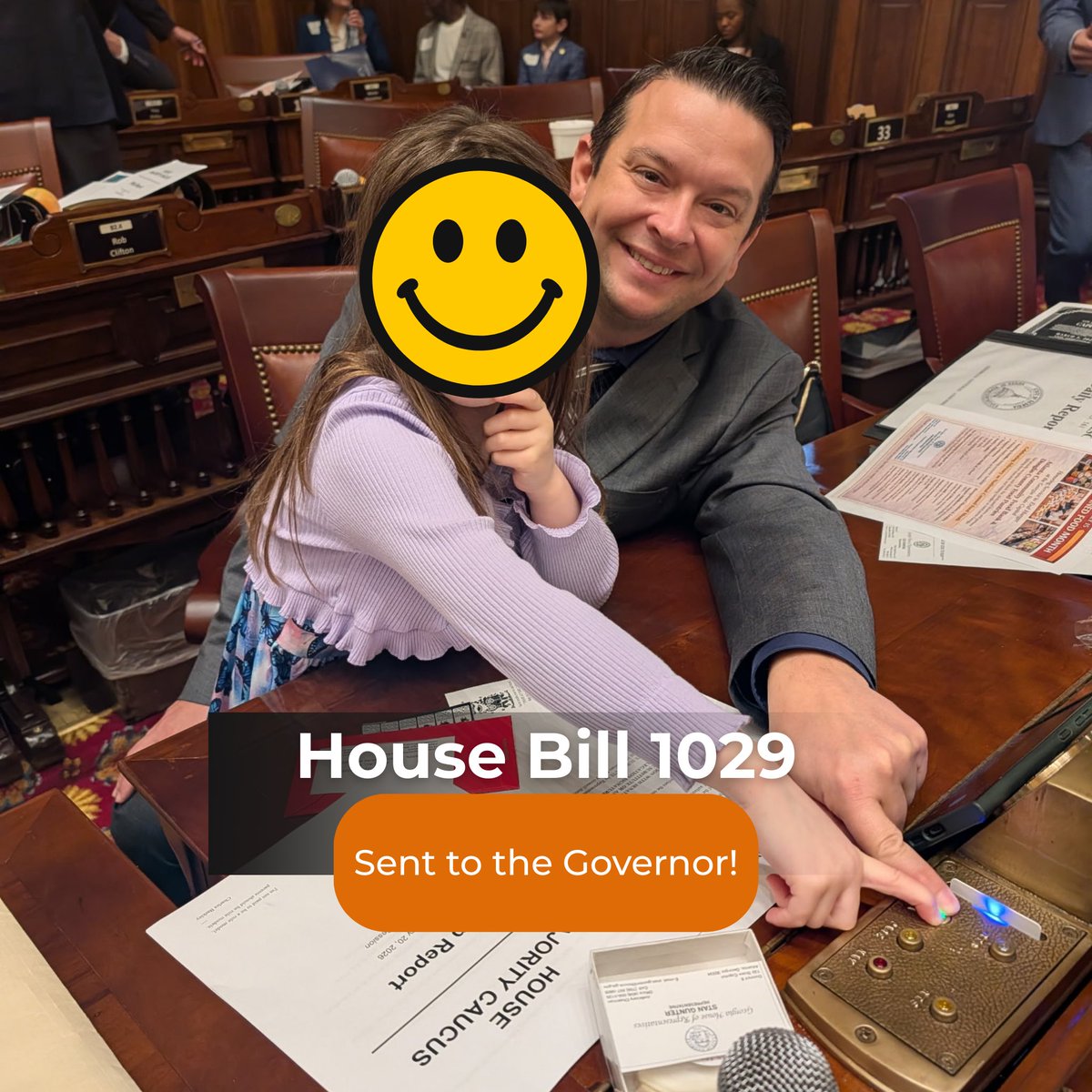 I had a little help today pressing the YES button to agree to the Senate substitute to House Bill 1029. This bill has now been sent to the Governor!