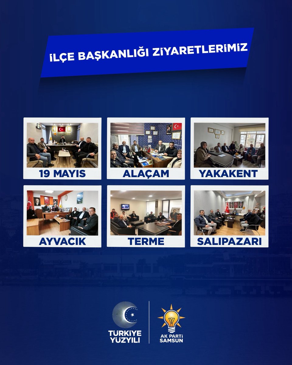 55akpartisamsun's tweet photo. İl Teşkilat Başkanımız Sayın Dursun Mücahit Erbin, İl Sosyal Politikalar Başkanımız Ahmet Muştu ve İl Yönetim Kurulu üyelerimizden oluşan heyetimiz 19 Mayıs, Alaçam, Yakakent, Terme, Ayvacık ve Salıpazarı İlçe Teşkilatlarımızda çalışma toplantıları gerçekleştirdiler. https://t.co/bNCOeBYVRQ
