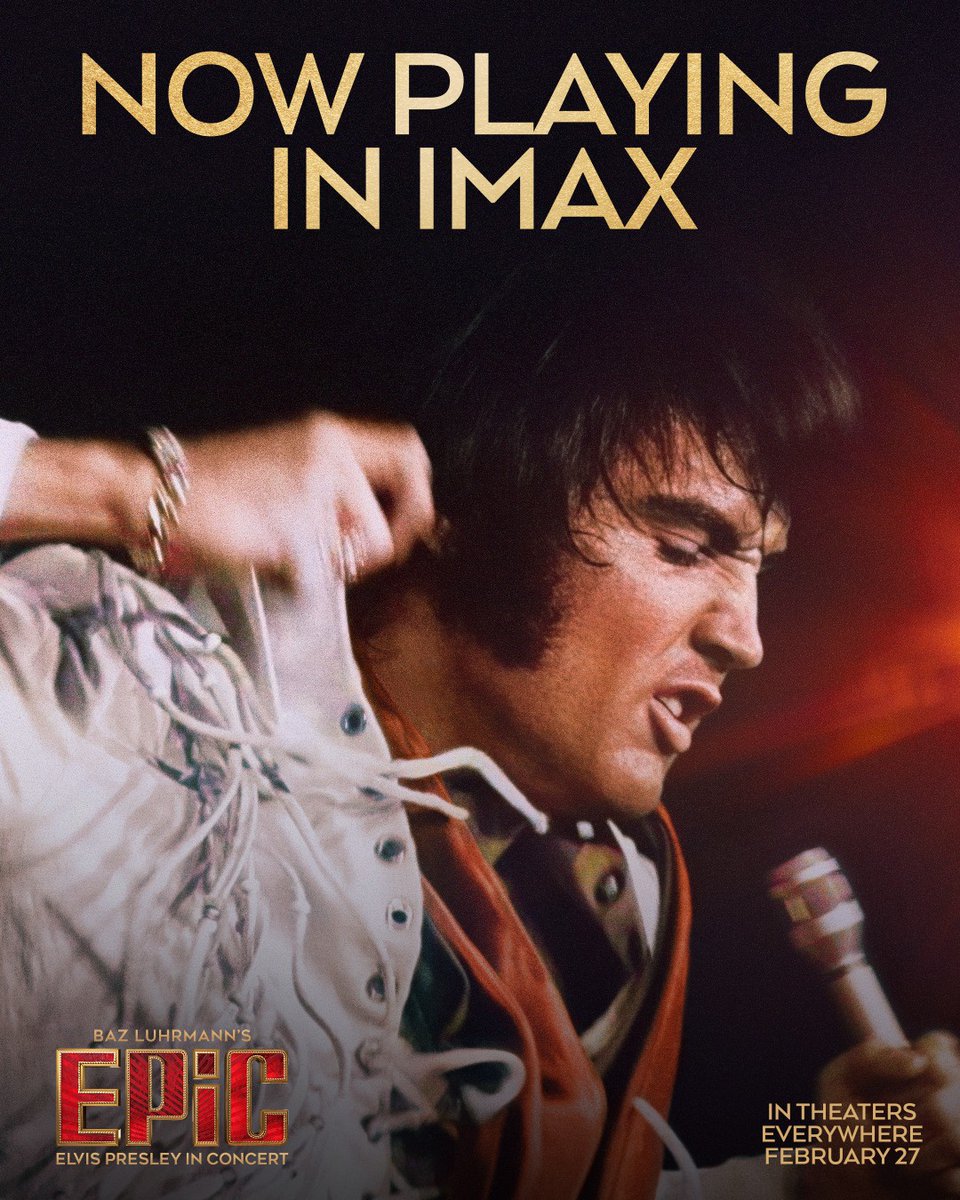 ElvisPresley's tweet photo. Some things are meant to be seen on the biggest screen possible. Baz Luhrmann's EPiC: ELVIS PRESLEY IN CONCERT is now playing in IMAX! Opens worldwide 2.27. #EPiCMovie https://t.co/tyDnkj7MW1