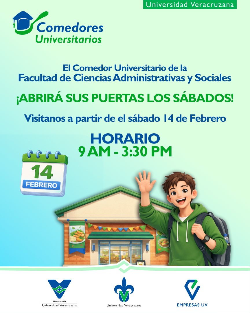 Ya puedes disfrutar del Comedor Universitario de la Facultad de Ciencias Administrativas y Sociales UV también los sábados.
⏰ Horario: 9:00 am – 3:30 pm