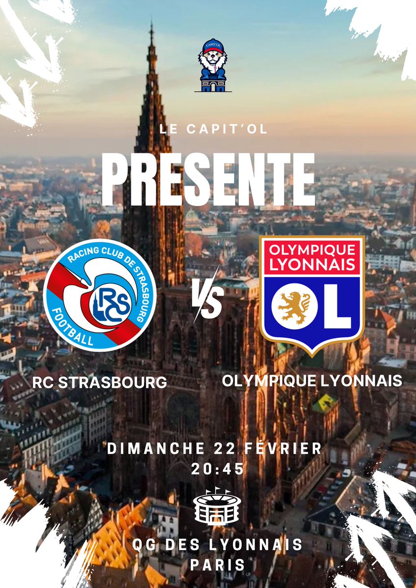 Capit_OL's tweet image. Bonjour à tous !
L'OL se déplace à Strasbourg ! A cette occasion, le Capit'OL vous convie au QG des lyonnais ce dimanche soir à partir de 19h45 ! 🔴🔵
Nous vous y attendons nombreux !! 🔴🔵