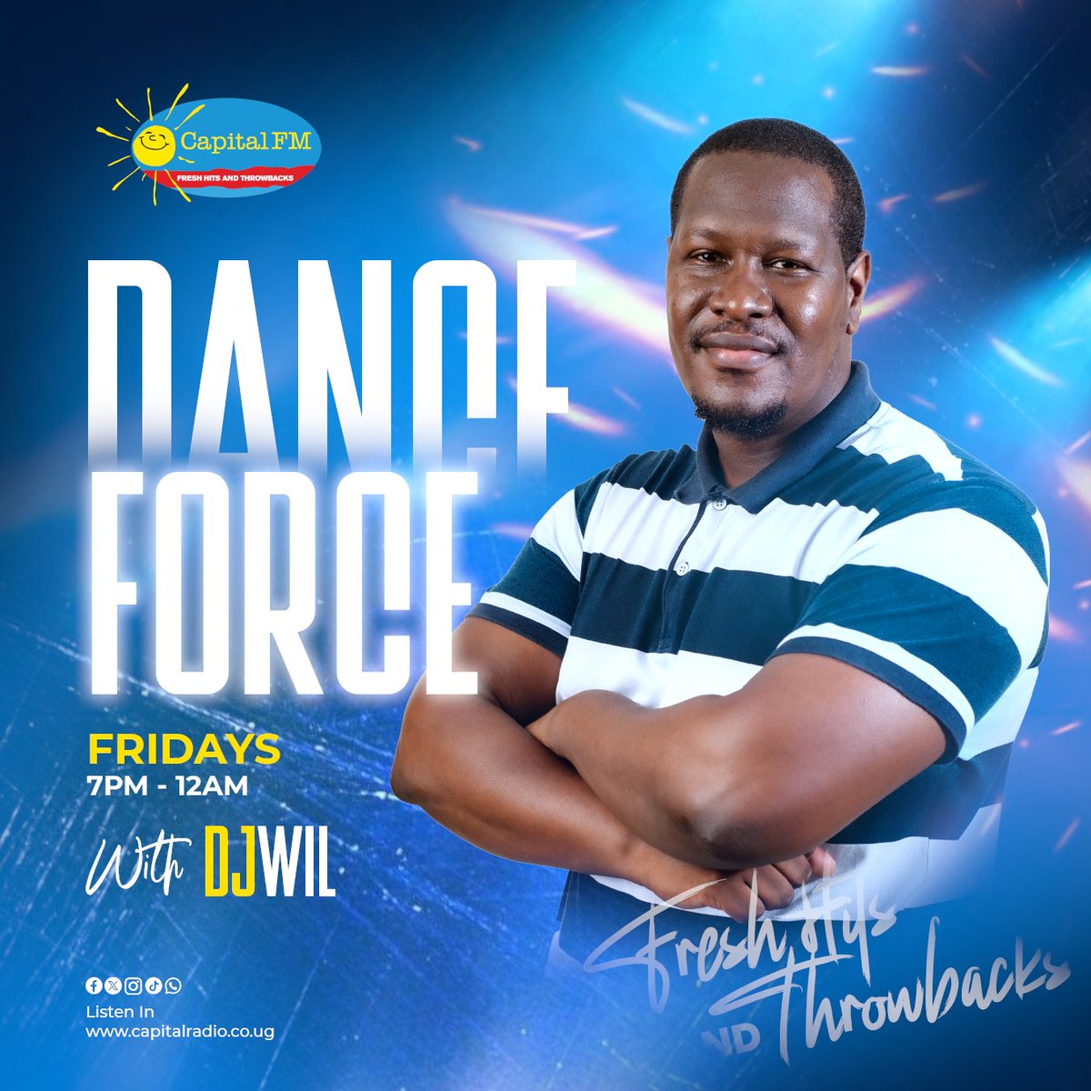 CapitalFMUganda's tweet photo. DANCE FORCE FRIDAYS 

Turn up your Friday nights with DJ Wil spinning the hottest mixes from 7PM – 12AM!

Fresh hits. Throwbacks. Non-stop vibes.

Tune in on Capital FM
Stream live at https://t.co/1Fw1UjO87x

#DanceForce #DJWil #CapitalFMUg #FreshHitsAndThrowback https://t.co/rFZU32X6oU