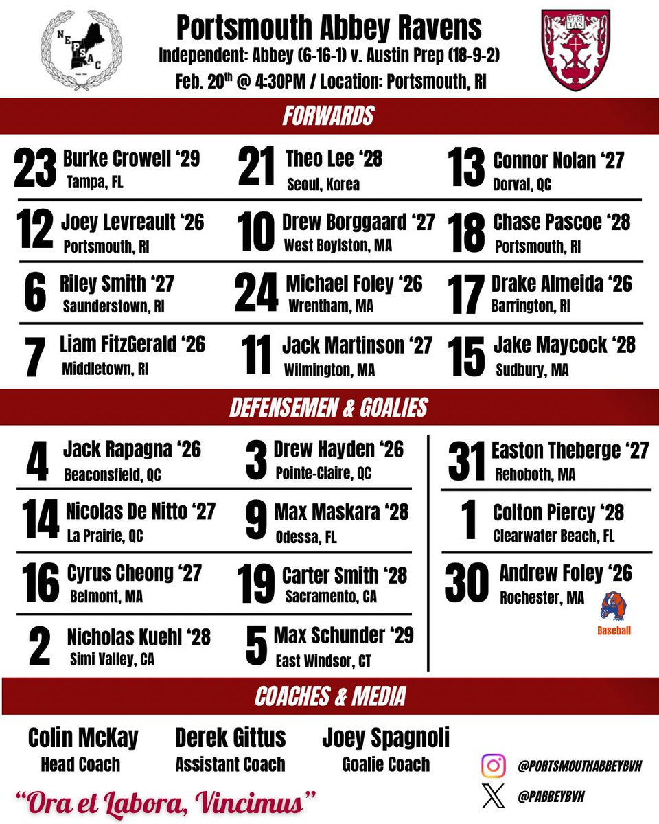 PAbbeyBVH's tweet photo. Friday night home game as the boys take on Austin Prep 🐦‍⬛ We will also be celebrating our seniors before puck drop!

⌚️4:30PM
📍Portsmouth, RI https://t.co/hUsqfuxDWK