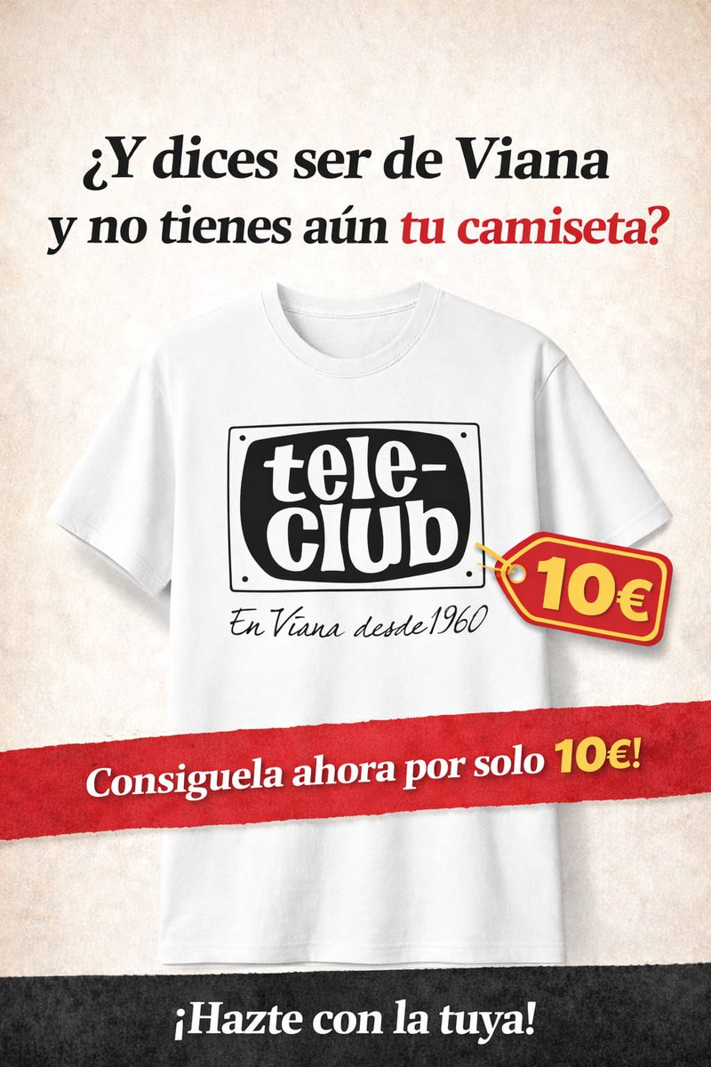 👕 De nuevo se pone a la venta camisetas del Tele-Club de Viana.
🛍️ ¿Quieres una? Contacta con Nieves por WhatsApp 📲 619 44 76 81