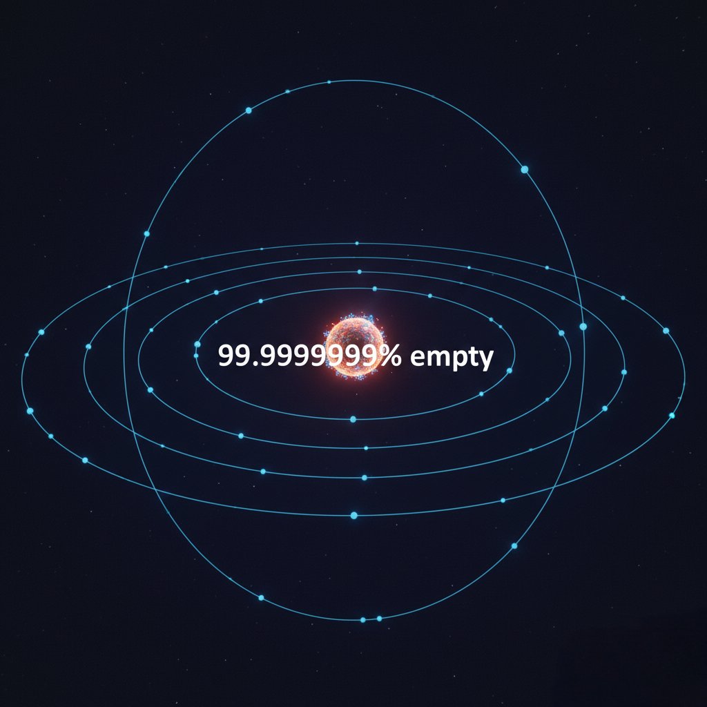 ⚛️ Atoms are 99.9999999% empty space.

You're not solid. You're mostly nothing.

The nucleus of an atom is the size of a pea.
The electrons orbit at the distance of a football field.

Everything in between? Void.

Your body contains 7 octillion atoms.
All of them are basically