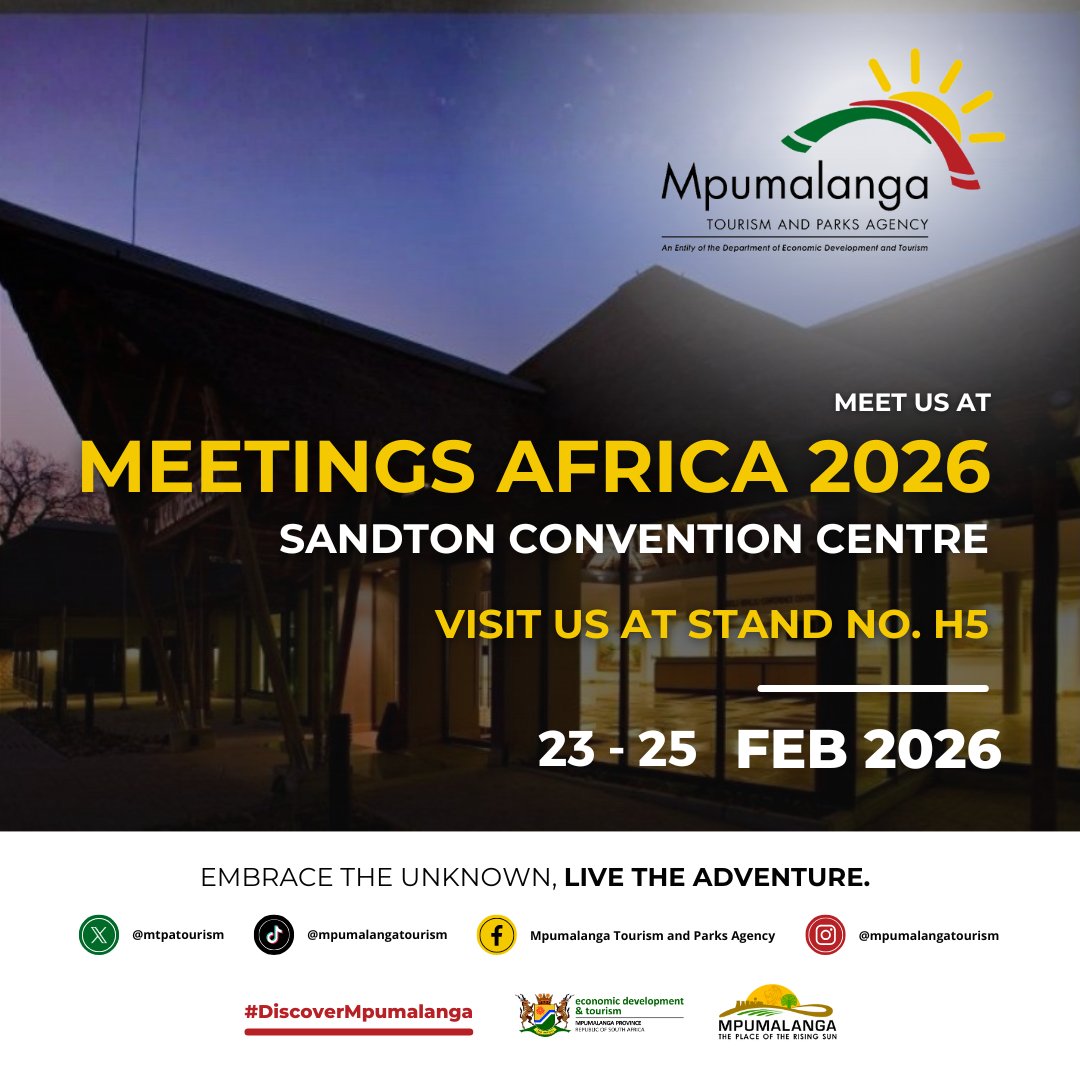 Mtpatourism's tweet photo. Your meetings in Mpumalanga matter. The impact on our communities towards creating change and leaving legacies for all involved is our goal.
Visit Mpumalanga at stand No. H5 at Meetings Africa 2026,Sandton Convention Center.
#MA26 #MpumalangaConventionsBureau
#ExploreMP #SITE https://t.co/udzO7RYOgv