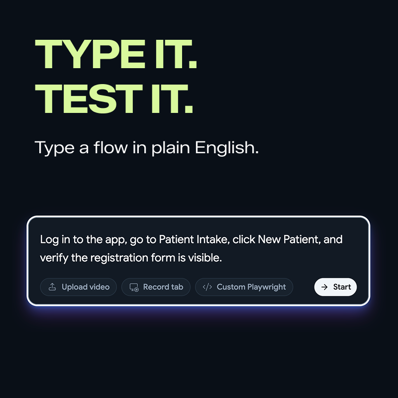 bug0inc's tweet photo. E2E testing without writing a single line of test code.

Type plain English. Upload a video. Record your screen.

Bug0 turns it into a self-healing test suite that runs on every PR.