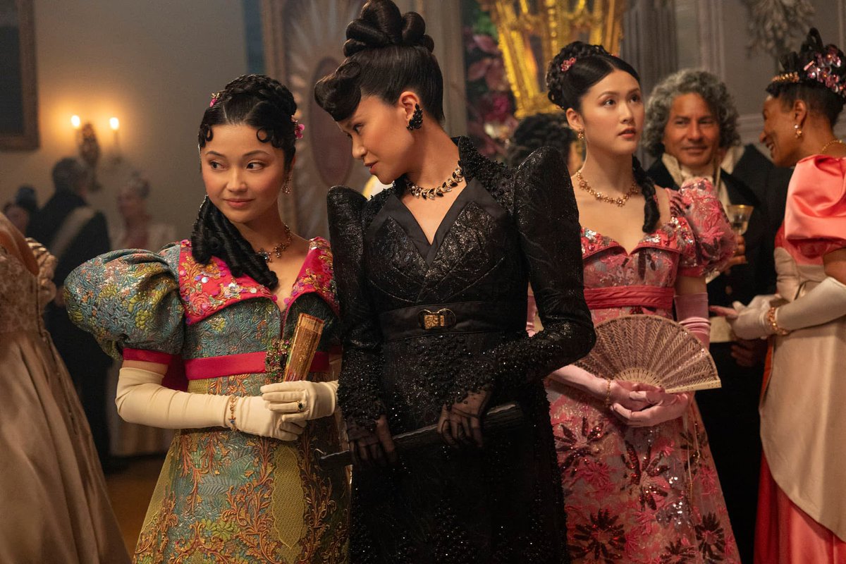 NEW still of Rosamund Li, Araminta Gun, and Posy Li from #Bridgerton Season  4: Part Two