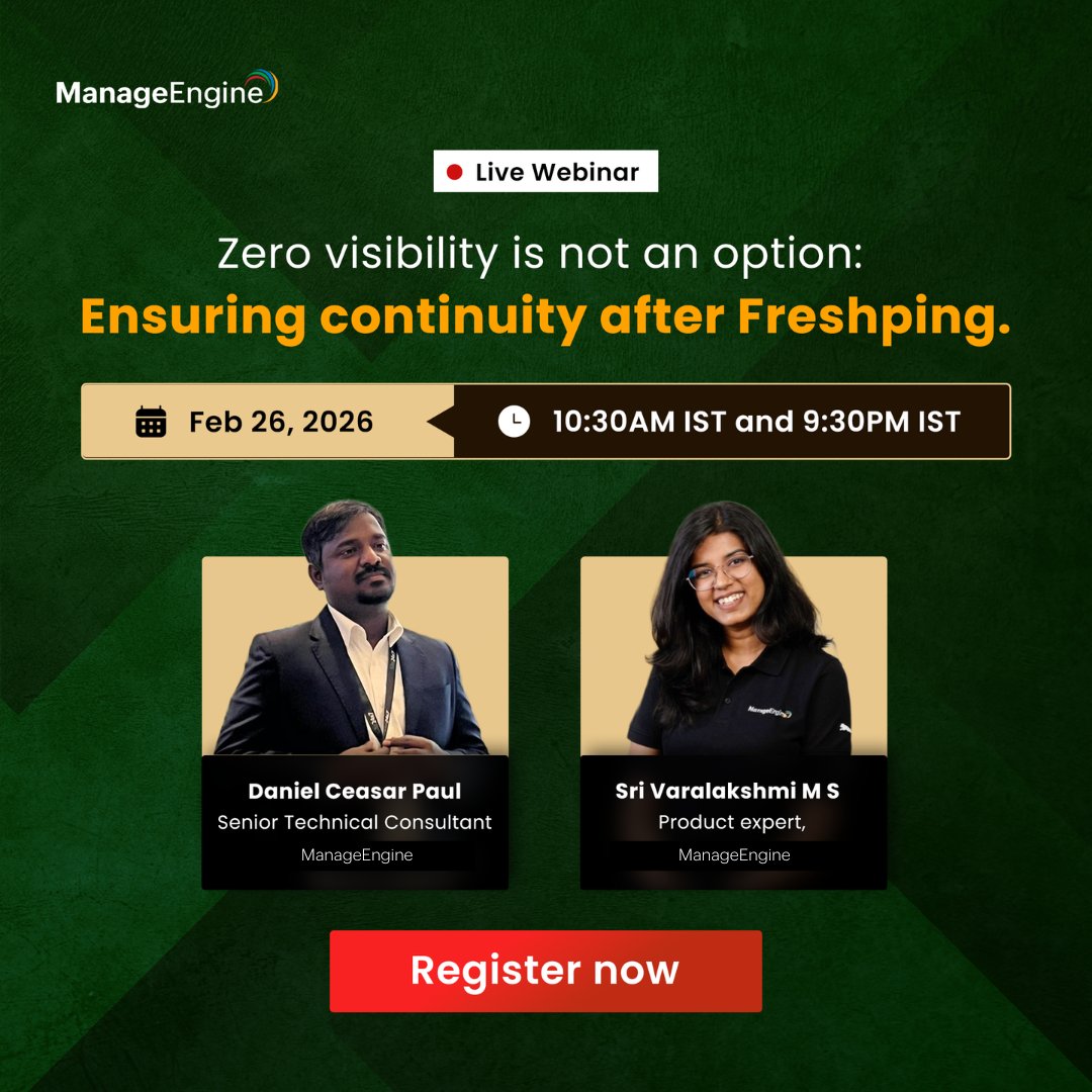 Zero visibility is not an option. zurl.co/NOBFG

Join us for a live webinar on ensuring continuity after Freshping and discover how to maintain uninterrupted monitoring, protect uptime, and stay ahead of disruptions.

📅 Feb 26, 2026

⏰ 10:30 AM IST &amp; 9:30 PM IST

Hear
