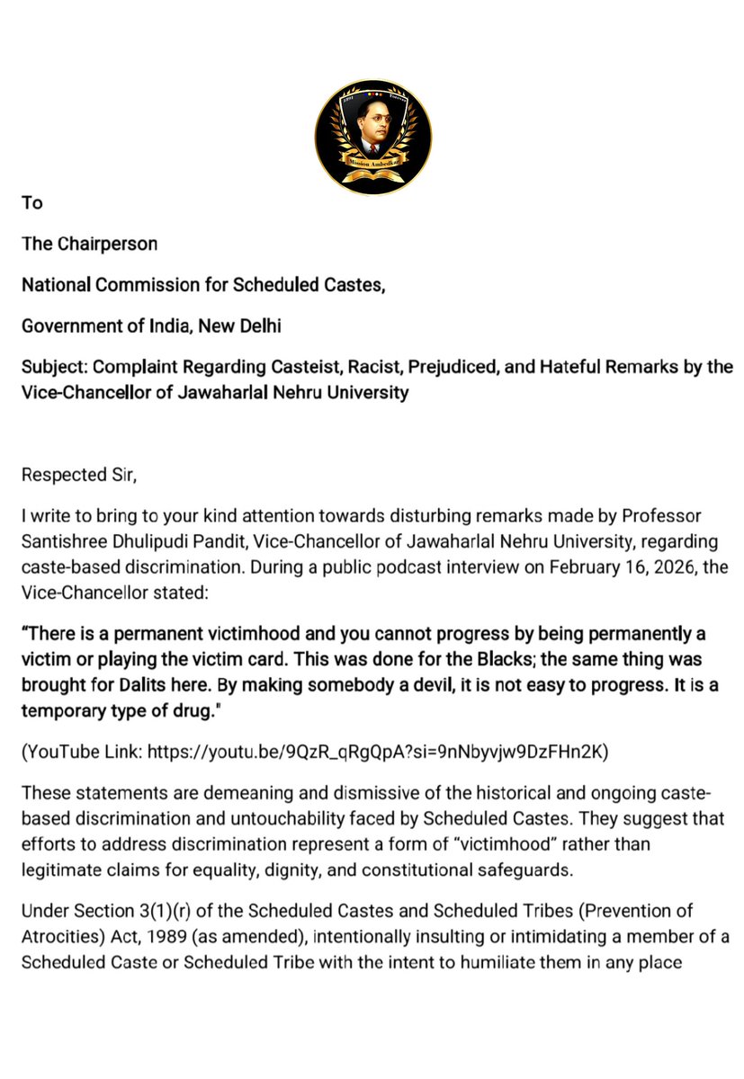 SurajKrBauddh's tweet photo. Attention please; 🚨

Today, I filed a complaint before the
"National Commission for Scheduled Castes" against Santishree D. Pandit, Vice-Chancellor of JNU, for equating the struggles of Dalit community with "permanent victimhood" and calling it a "temporary type of drug." https://t.co/rmKIf1nhwF