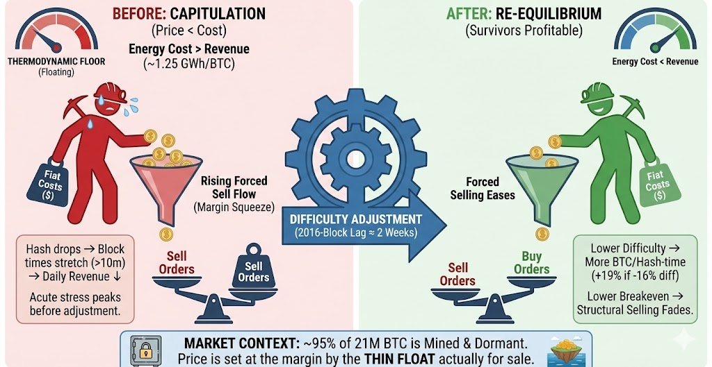 Bitcoin is energy with an automatic stabilizer when mining becomes unprofitable

Order-of-magnitude: ~1.25 GWh of electricity per new BTC.
(energy → hash → blocks; 3.125 BTC/block + fees)

Thermodynamic floor (a moving cost band, not a fixed price):

The feedback loop:
price ↓