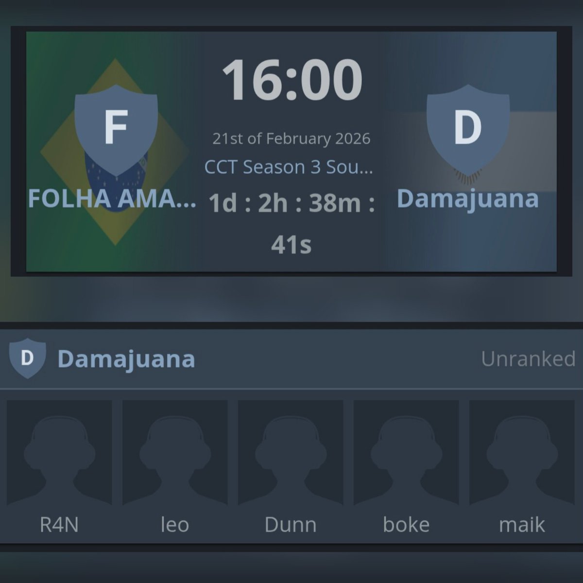 🇦🇷 UN NUEVO EQUIPO ARGENTINO EN CCT SUDAMÉRICA.

🇦🇷 <a href="/maikzeracs/">maik 🦈</a>
🇦🇷 <a href="/_leocs2/">leo</a>
🇦🇷 <a href="/DunnV_/">Dunzera</a>
🇦🇷 <a href="/bokecs/">bokecs</a>
🇦🇷 <a href="/Agupujol/">Agustin Pujol</a> 

Los chicos vienen jugando bajo el nombre #DAMAJUANA 🇦🇷. Debut absoluto de todos en la competencia.

Comparten el Swiss Stage de CCT con: Isurus 🇦🇷 y R2 🇦🇷