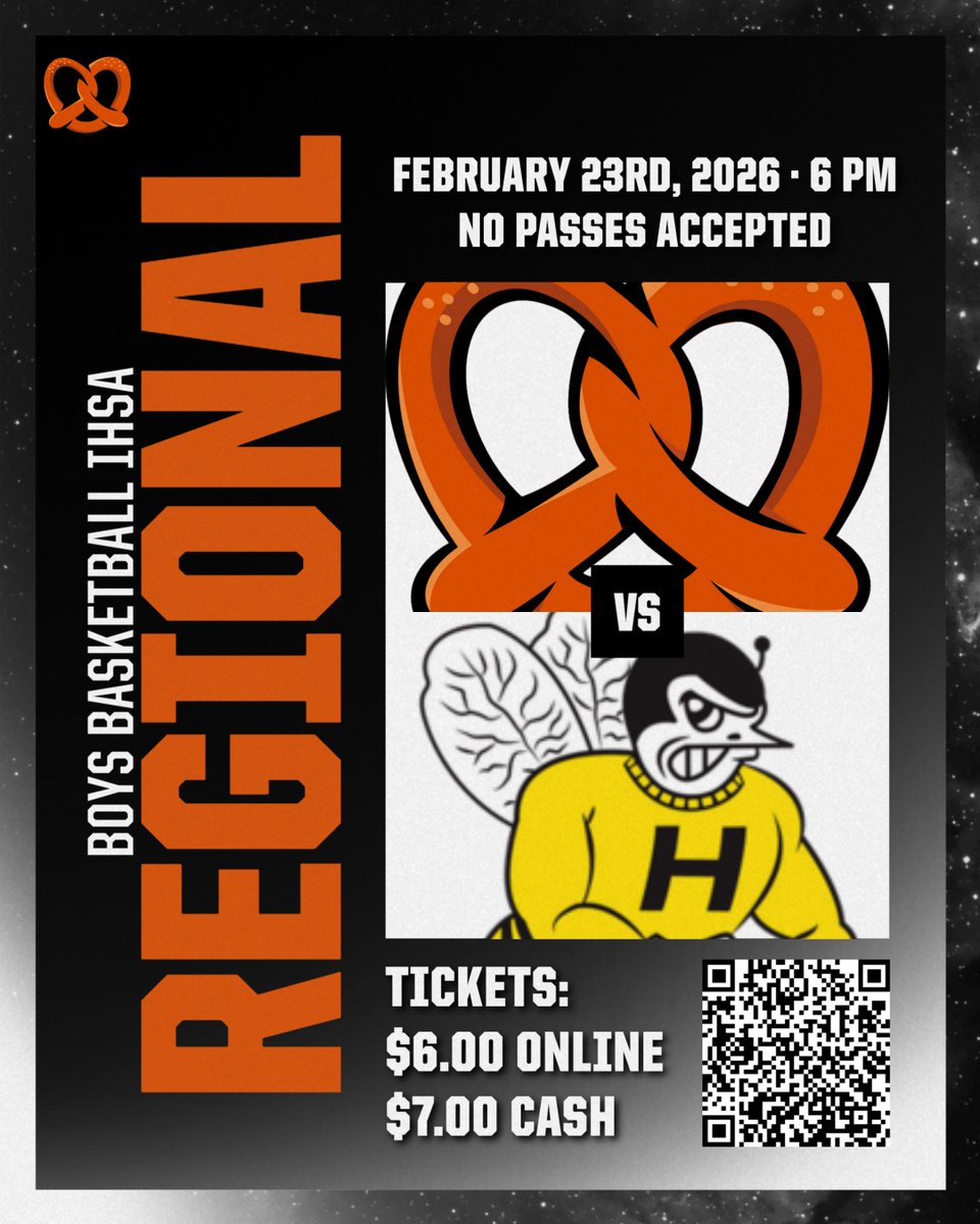 PretzSports's tweet photo. It’s Regional time, Pretzel Nation! 🥨🔥

Your Boys Basketball team is headed to IHSA Regional action on February 23rd at 6 PM — and we need a PACKED house in orange &amp; black!

🎟️ $6 online | $7 cash
🚫 No passes accepted
Let’s bring the energy, the noise, and the Pretzel pride. https://t.co/2hk3FmBR4f