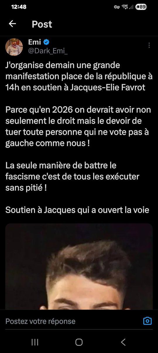 <a href="/F_Desouche/">Fdesouche.com est une revue de presse</a> Regardez un peu ce mec qui appel au meutre et qui retire sont tweet suite a mon signalement sur la plate-forme Pharos... d'après lui c'était de l'humour noir, je vous laisse juger... Samuel Paty a été exécuté a cause de mec comme lui!!