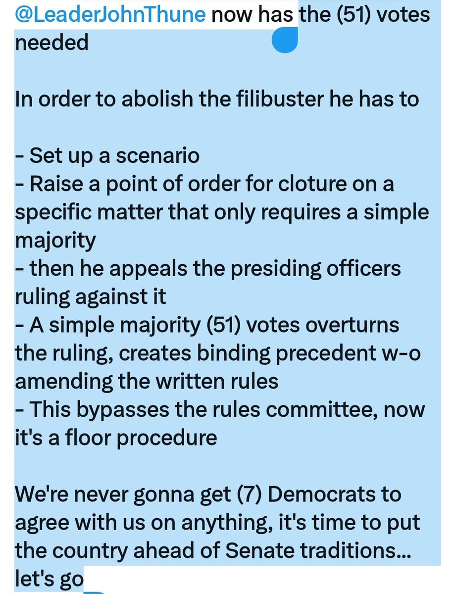 Chicago1Ray's tweet image. @LeaderJohnThune has the votes to abolish the filibuster... and he also  knows that by taking these steps, he can bypass the rules committee, 

Making McConnell irrelevant...

If Leader Thune doesn't eliminate the Filibuster, he has to step down and let someone else lead