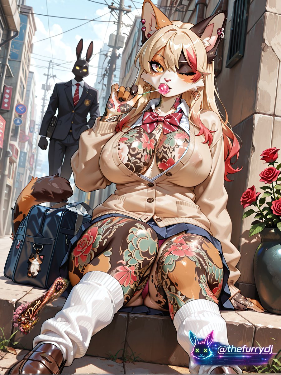 Darla is waiting on a bus and enjoying a snack.  #furry #furryai #rule34 #rule34furry #aiart #Yiff