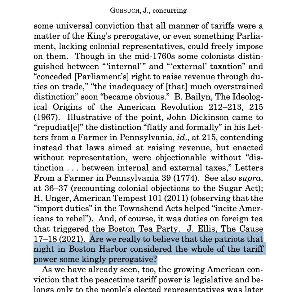 Gorsuch on Thomas' claims that Congress could delegate tariff authority: 

"Are we really to believe that the patriots that night in Boston Harbor considered the whole of the tariff power some kingly prerogative?" courthousenews.com/supreme-court-…