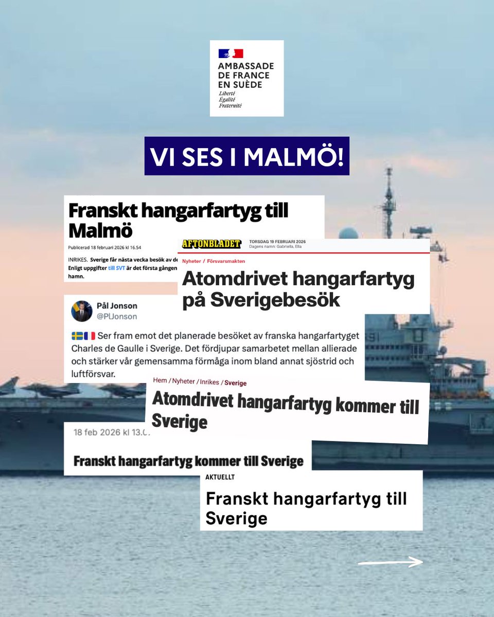 Den franska hangarfartygsgruppen, med hangarfartyget Charles de Gaulle i spetsen, anlöper Malmö den 25.02. Besöket är en tydlig markering av det fördjupade försvarssamarbetet mellan Frankrike och Sverige samt av vårt gemensamma ansvar för säkerhet och stabilitet i Nordatlanten.