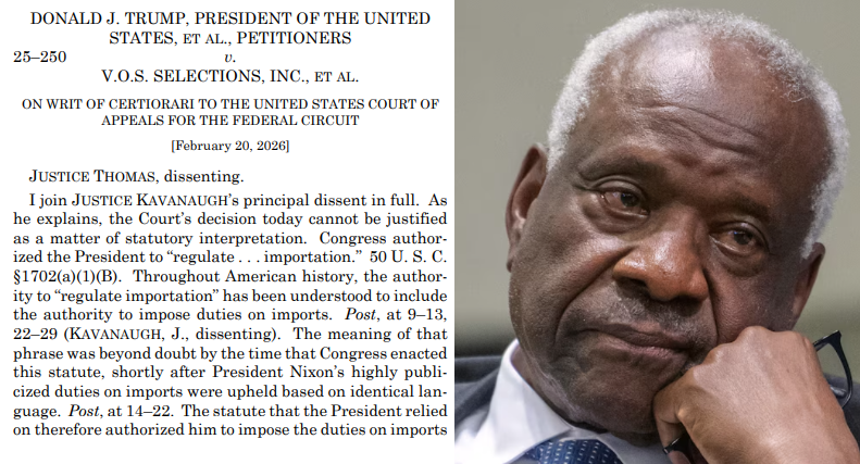 BreitbartNews's tweet image. Justice Thomas cooks the majority with his dissent in today's tariff decision

"Congress authorized the President to 'regulate... importation.' Throughout American history, the authority to 'regulate importation' has been understood to include the authority to impose duties on