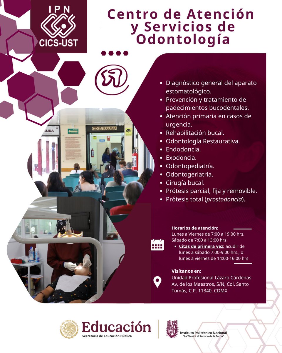 cicsust_ipn's tweet photo. 🦷El @cicsust_ipn del @IPN_MX pone a disposición de su comunidad y el público en general el "Centro de Atención Odontológica"
1️⃣CITA | Solicitar en instalaciones, según horario de toda la attención.
Lunes a sábado | 7-13 hrs.
Lunes a viernes | 14-19 hrs.
#90AñosIPN #OrgulloIPN https://t.co/2O0S4TDUcO