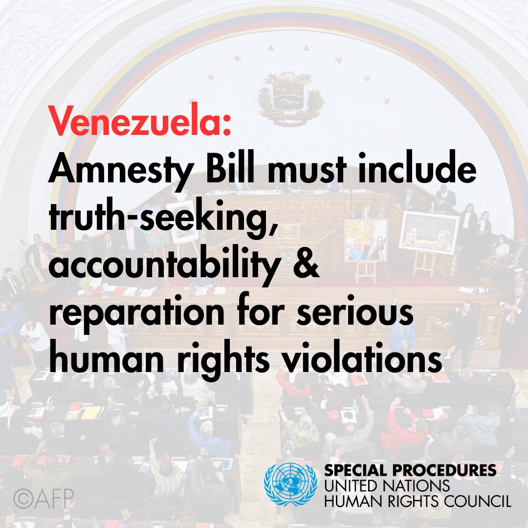 #Venezuela: Amnesty Bill must apply to all unlawfully prosecuted victims &amp; be grounded in transitional justice - UN experts. Effective redress requires recognition for those who were arbitrarily detained or prosecuted for exercising their rights:
ohchr.org/en/press-relea…