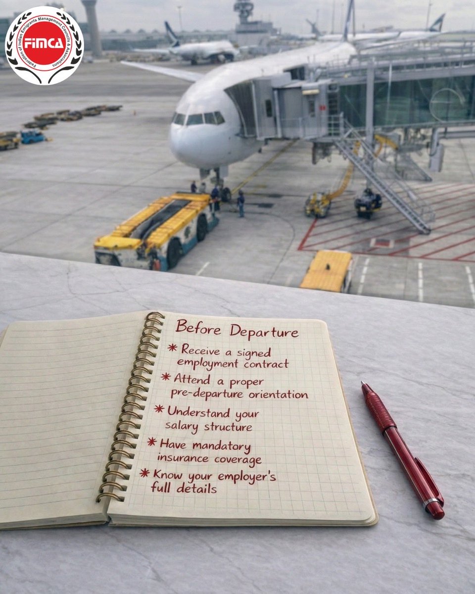 Fimca_India's tweet photo. A smooth landing starts before departure, double check everything. 

#SafeMigration #FairRecruitment #FIMCA
#EmpoweringMigrants #GlobalWorkforce https://t.co/CIhwNQkvbS