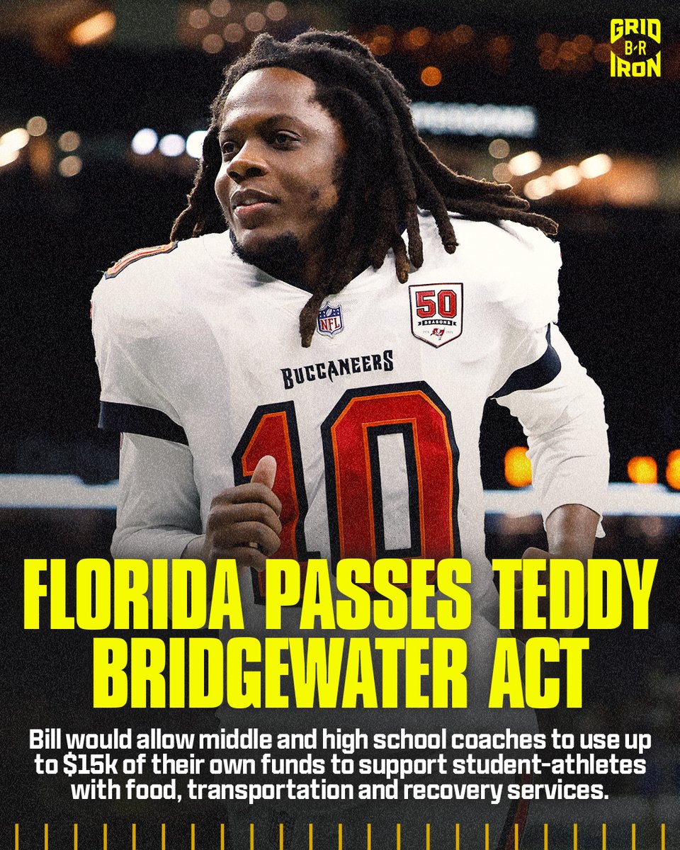 brgridiron's tweet image. Florida Senate officially passes the Teddy Bridgewater Act, per @RivalsHS 

The bill authorizes K-12 coaches to use up to $15K of their own money to support student-athletes with food, transportation, and recovery services 🙌