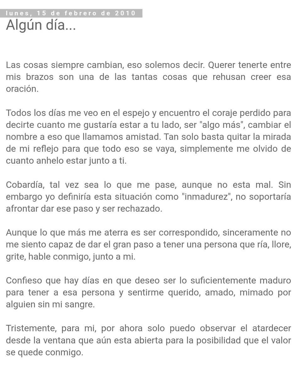 Conseguí esto que escribí hace 16 años... No sé si lo hice pensando en mí o en general; lo que sí sé es que se nota lo "reprimido" que era ser gay hace más de una década, hasta quizás no me asumía como tal por "miedo"...