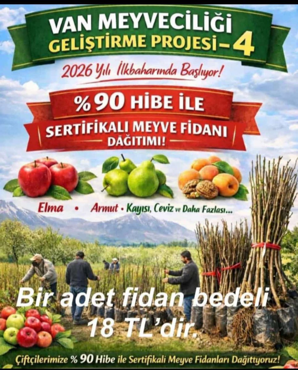 Sertifikalı meyve fidanı almak isteyen çiftçilerimiz için hibe desteği vardır. 18 TL bedelle meyve fidanı almak için İlçe Tarım ve Orman Müdürlüklerine başvurulması gerekmektedir
<a href="/ibrahimyumakli/">İbrahim Yumaklı</a> <a href="/Bugemtr/">Bitkisel Üretim Genel Müdürlüğü</a> <a href="/tcvanvaliligi/">T.C. Van Valiliği 🇹🇷</a> <a href="/musagoktas_/">Musa Göktaş</a> <a href="/trgyssmn/">Turgay ŞİŞMAN</a>