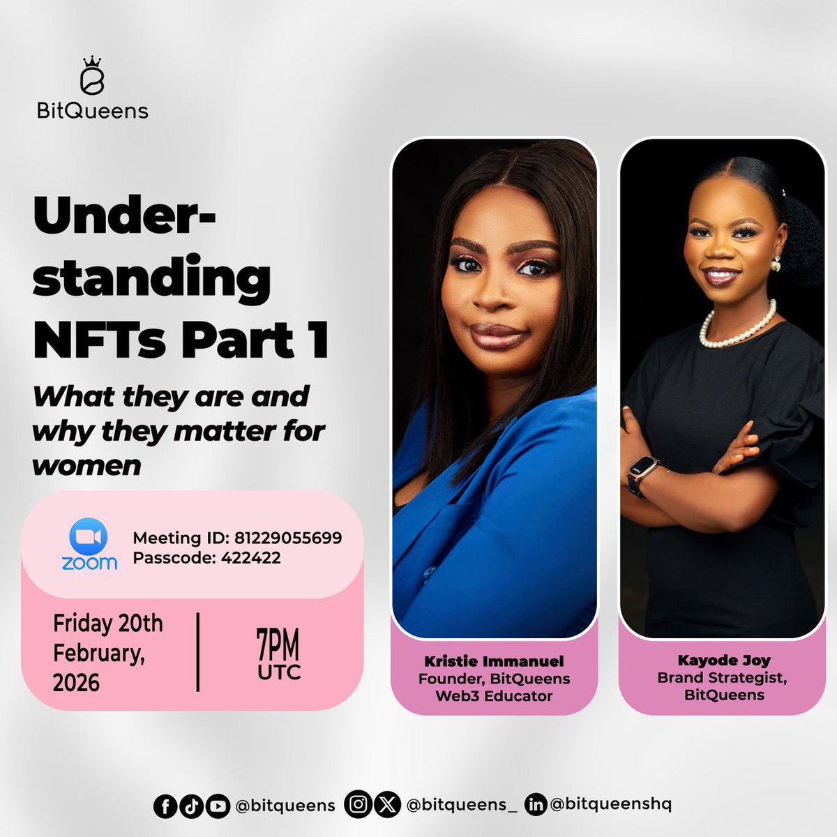 bitqueens_'s tweet photo. If you do not understand ownership, are you truly in control of your future?

Today, we unpack NFTs and the opportunities they create for women.

Clear your schedule, invite a friend, and let's level up! 
8PM WAT

See login details on the flyer https://t.co/jCv4l8NKQt