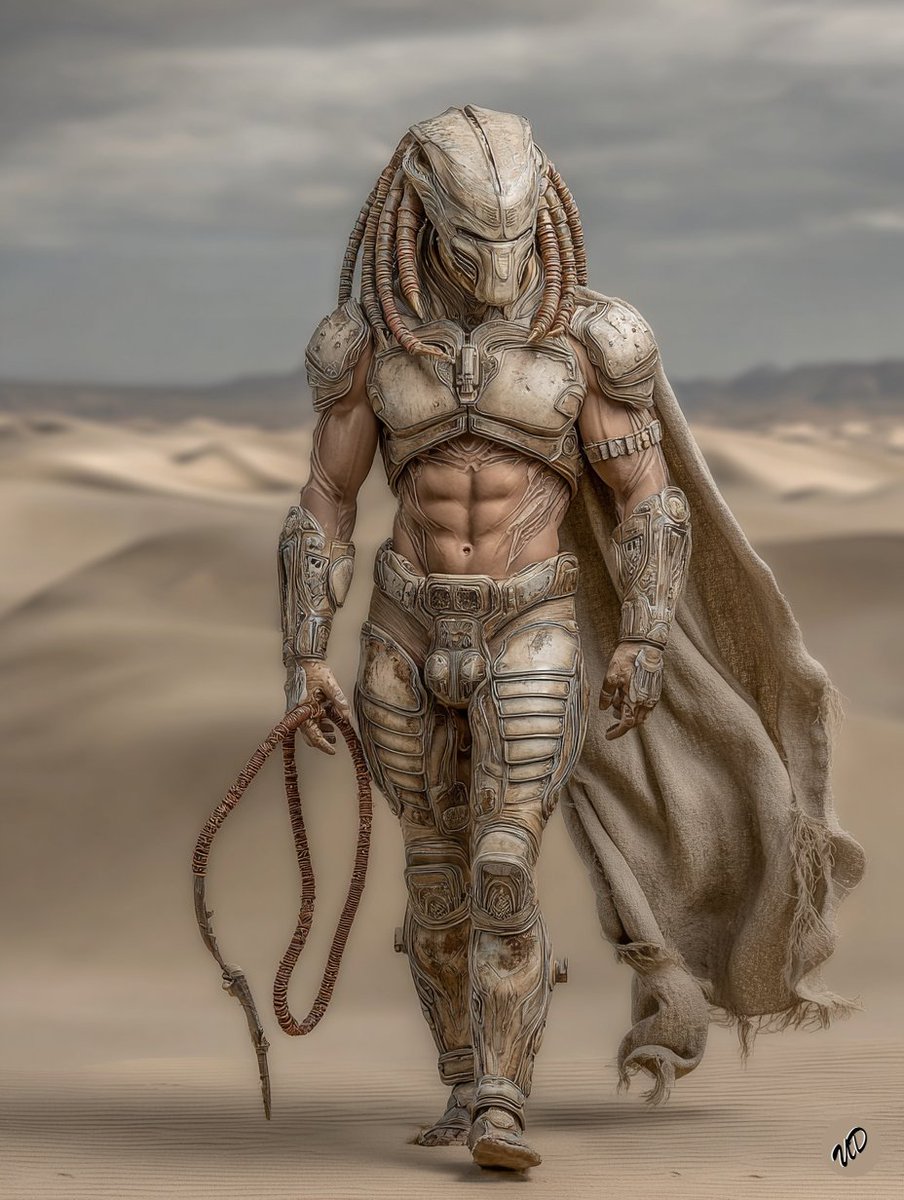 ):
Great Prompt!
#Midjourney #PromptShare
Full-body cinematic portrait of a towering biomechanical android warrior standing dynamically on vast golden sand dunes under a hazy pale blue sky, sculpted from matte tan terracotta-like armor with rugged organic curves, sharp dorsal spines protruding from helmet and shoulders, menacing elongated faceplate with slit visors and mandible jaws, long flexible copper-brown tendril cables draped from head and arms swaying in desert wind, flowing tattered cloak billowing behind, intricate segmented plating on limbs and torso evoking ancient golem fused with sci-fi exoskeleton, subtle metallic patina and sand erosion details, epic Dune-inspired post-apocalyptic nomad aesthetic, shallow depth of field with sharp foreground focus, dramatic rim lighting from low sun casting long shadows across rippling dunes, hyper-realistic CGI render, ultra-detailed textures, 8K octane render, volumetric atmosphere. --ar 3:4 --profile cg1mpwv pz8oy84