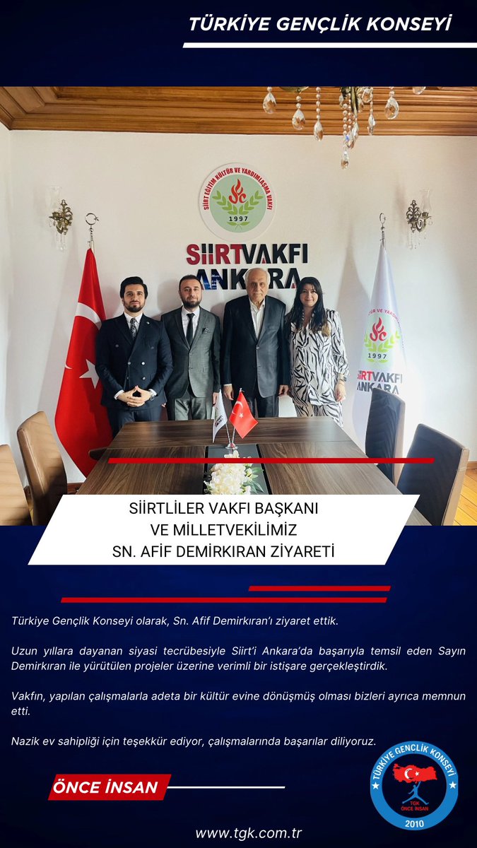 Türkiye Gençlik Konseyi olarak,
Siirt Vakfı Başkanı ve Milletvekilimiz Sn. Afif Demirkıran’ı ziyaret ettik.

Uzun yıllara dayanan siyasi tecrübesiyle Siirt’i Ankara’da en güzel şekilde temsil etmektedir.

Gerçekleştirdiğimiz ziyarette yürütülen projeler üzerine verimli bir