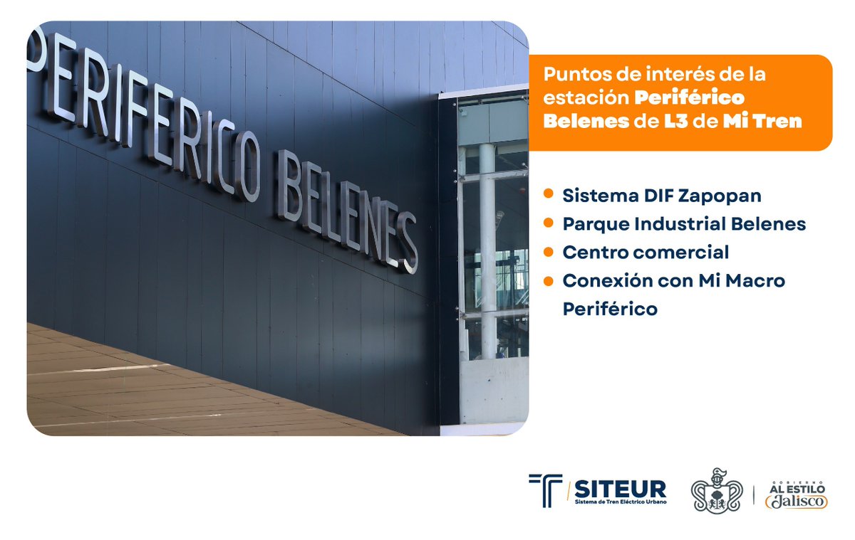 SITEURJAL's tweet image. 📌#PuntoDeInterés | Si tu trayecto en #MiTren incluye la estación Periférico Belenes de la #Línea3, toma en cuenta los sitios clave que puedes encontrar en la zona.

👉Conecta fácilmente con distintos puntos de la ciudad desde esta estación.