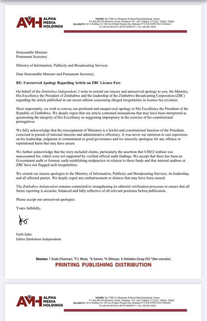 The Zimbabwe Independent has issued a public apology and retracted the false story they published on ZBC license fees.
#newsupdates