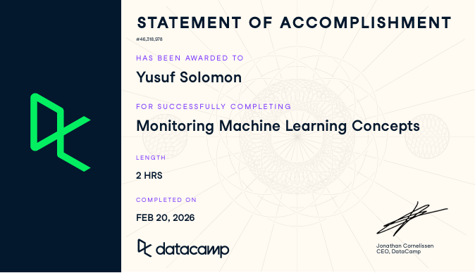 Day 12 of #30DaysOfDataChallenge    
Monitoring machine learning models
<a href="/DataCampDonates/">DataCamp Donates</a>
<a href="/DataFestAfrica/">Data Community Africa</a>
#DCA #DCDonates
The quoted thread was heavily inspired by the course btw