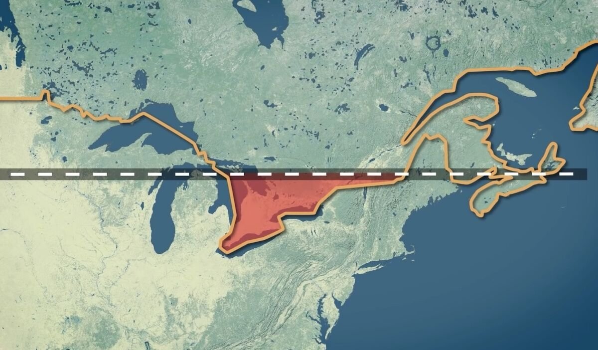 Half of Canadians live south of this line but all Canadians live in a country poorer than Alabama.