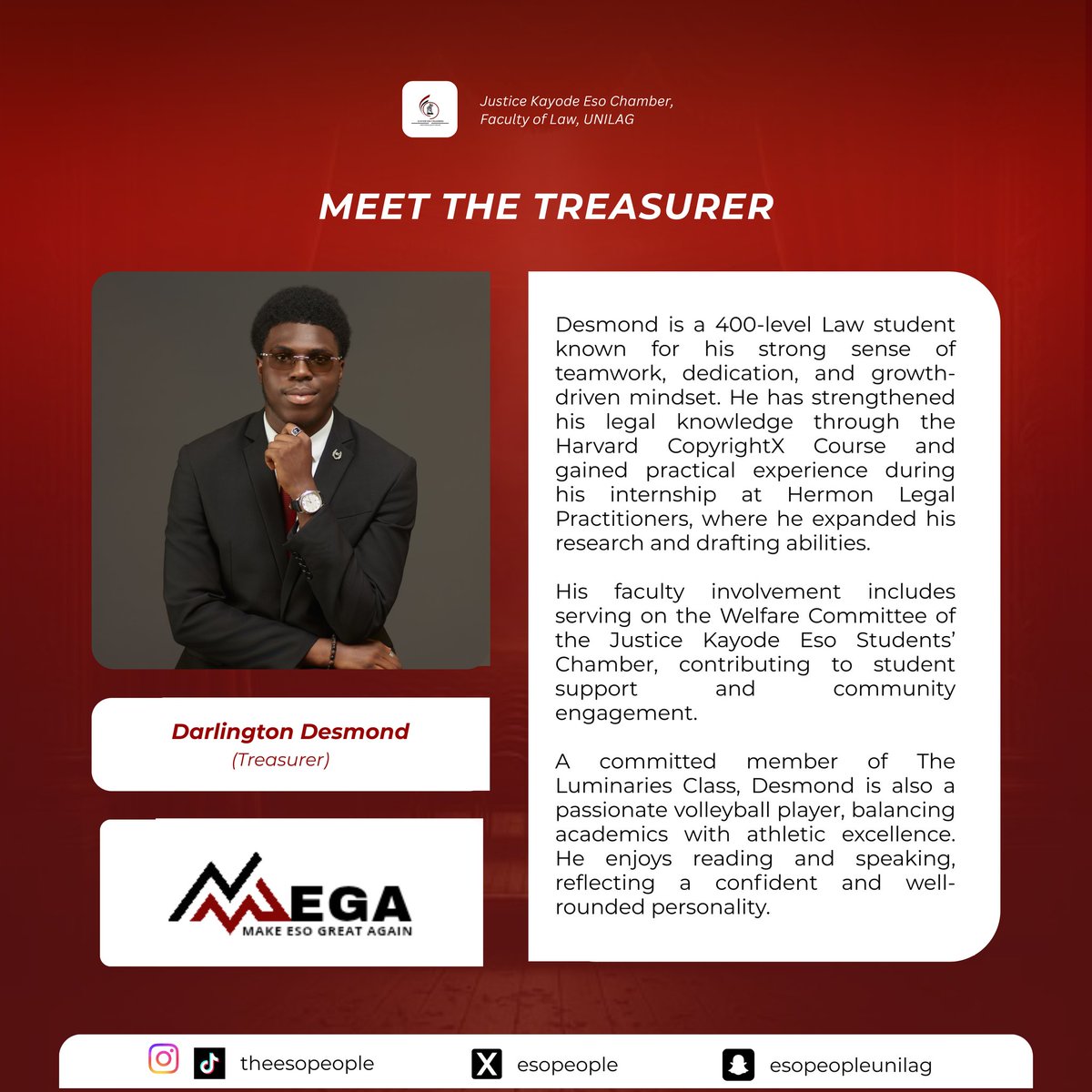 MR. MONEY
He manages every naira with discipline and foresight, keeping spending intentional and records clear.
He doesn’t just count funds—he makes them count.

Meet Darlington Desmond, our Treasurer.
THE MEGA TEAM