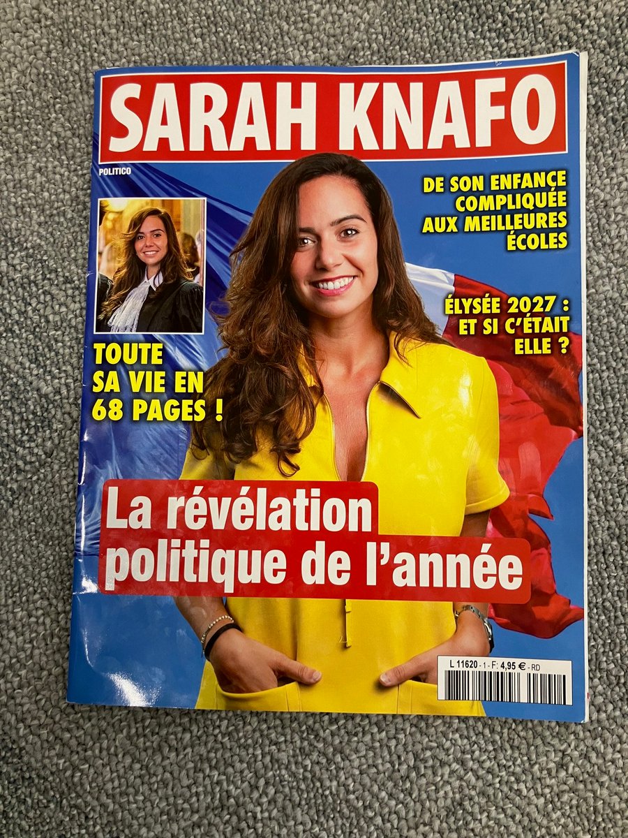 Nouveau venu dans la presse ? Le magazine "Sarah Knafo" est vendu en kiosques depuis quelques jours. Le titre - 4,95 euros pour 68 pages à la gloire de la candidate Reconquête à Paris - ne comporte aucune signature, ni ours, ce qui est louche, surtout en période électorale👇