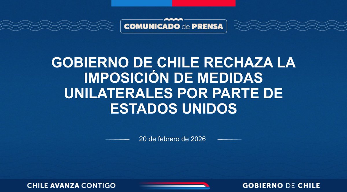Minrel_Chile's tweet image. 📄 Comunicado de prensa | Gobierno de Chile rechaza la imposición de medidas unilaterales por parte de Estados Unidos.  

Leer aquí: ow.ly/EBzQ50YiVQi