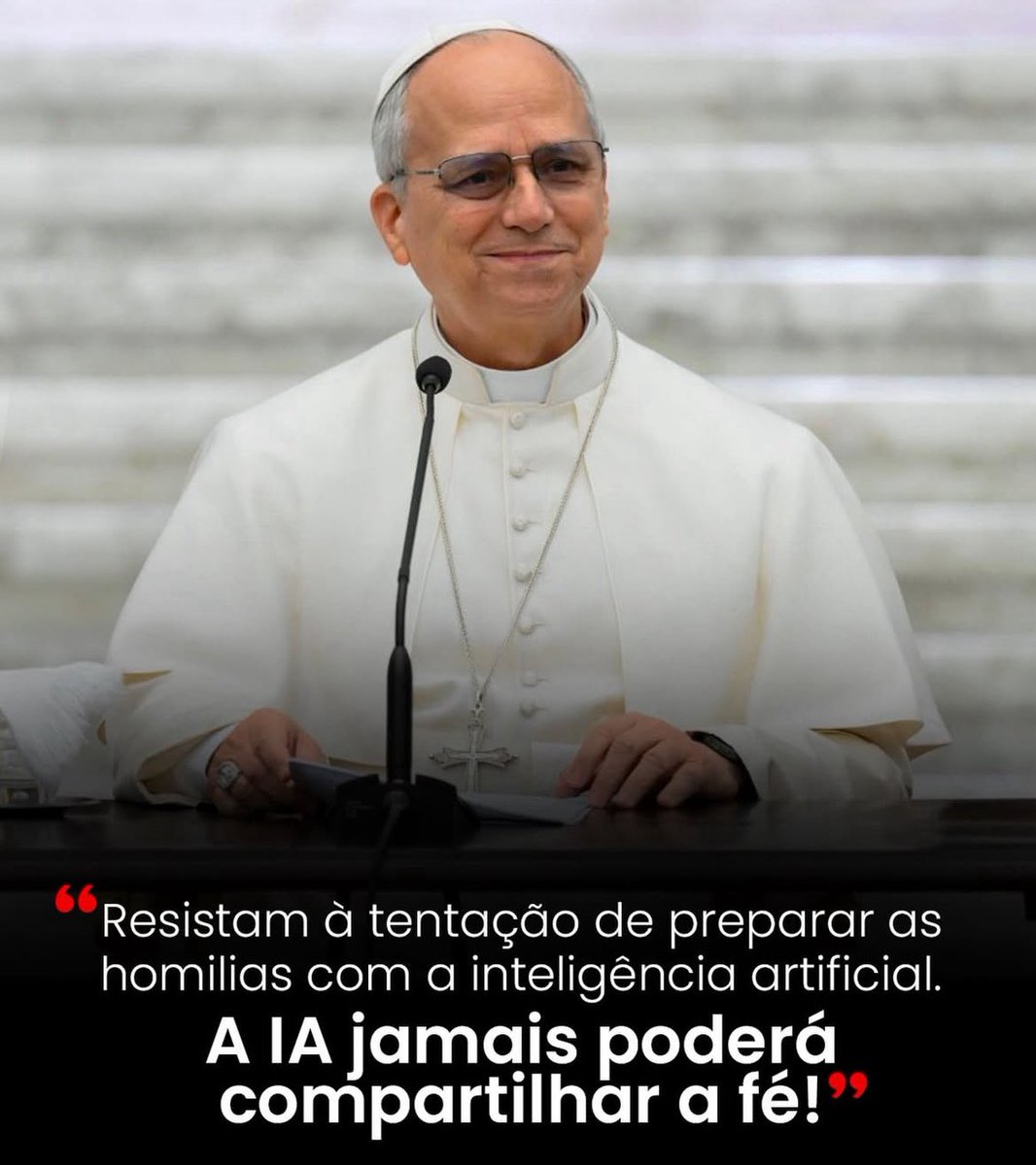 “Resist the temptation to prepare homilies with artificial intelligence. AI WILL NEVER BE ABLE TO SHARE THE FAITH.” Leo XIV. If there's a warning, there's a story…🤭🤭
<a href="/vaticannews_pt/">Vatican News</a>