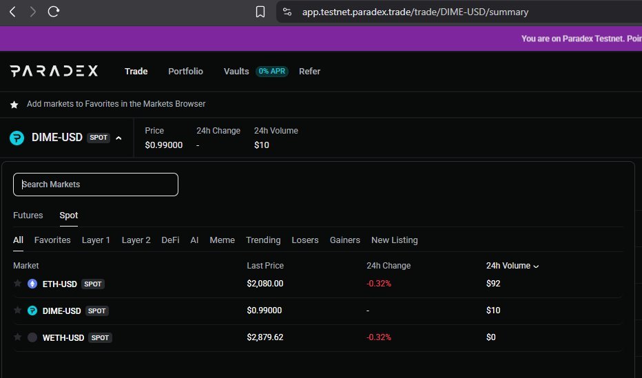 did you try out the testnet on <a href="/paradex/">Paradex</a> ?

yeah its getting spicy there🔥

send $DIME higher...