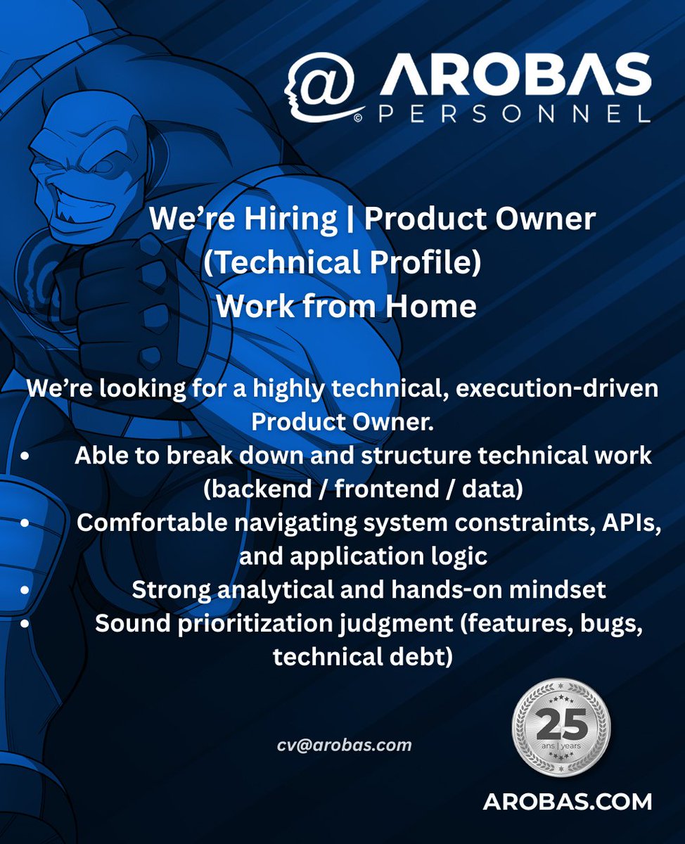 ArobasPersonnel's tweet photo. We’re Hiring | Product Owner (Technical / Hands-On)
🔷  Work from Home (Canadian only) 🔷

We are looking for a highly hands-on, technically strong individual contributor.

Interested or know someone who fits this profile ⏭️ cv@arobas.com https://t.co/pUZhb7PxzK